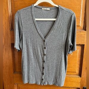 Marine Layer, Lexi Rib Button Top, Short Sleeve Cardigan, Light Grey, Size L